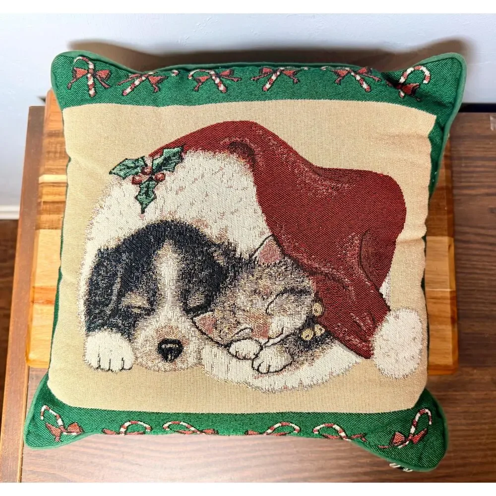 Vintage Newport Christmas Tapestry Pillow | Puppy Kitten Santa Hat Holiday Decor